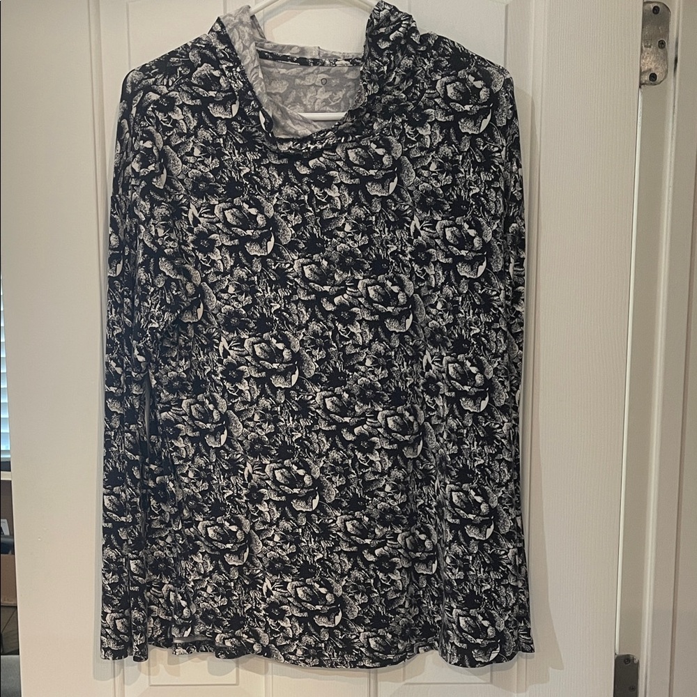 Floral Black and White Long Sleeve Hooded Top